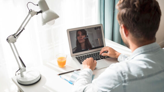 male attending online interview